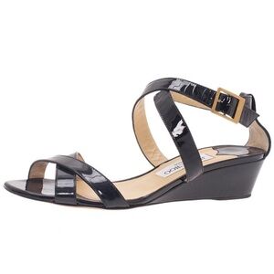 Jimmy Choo. Black Patent Connor Wedge Sandals. Size 37.